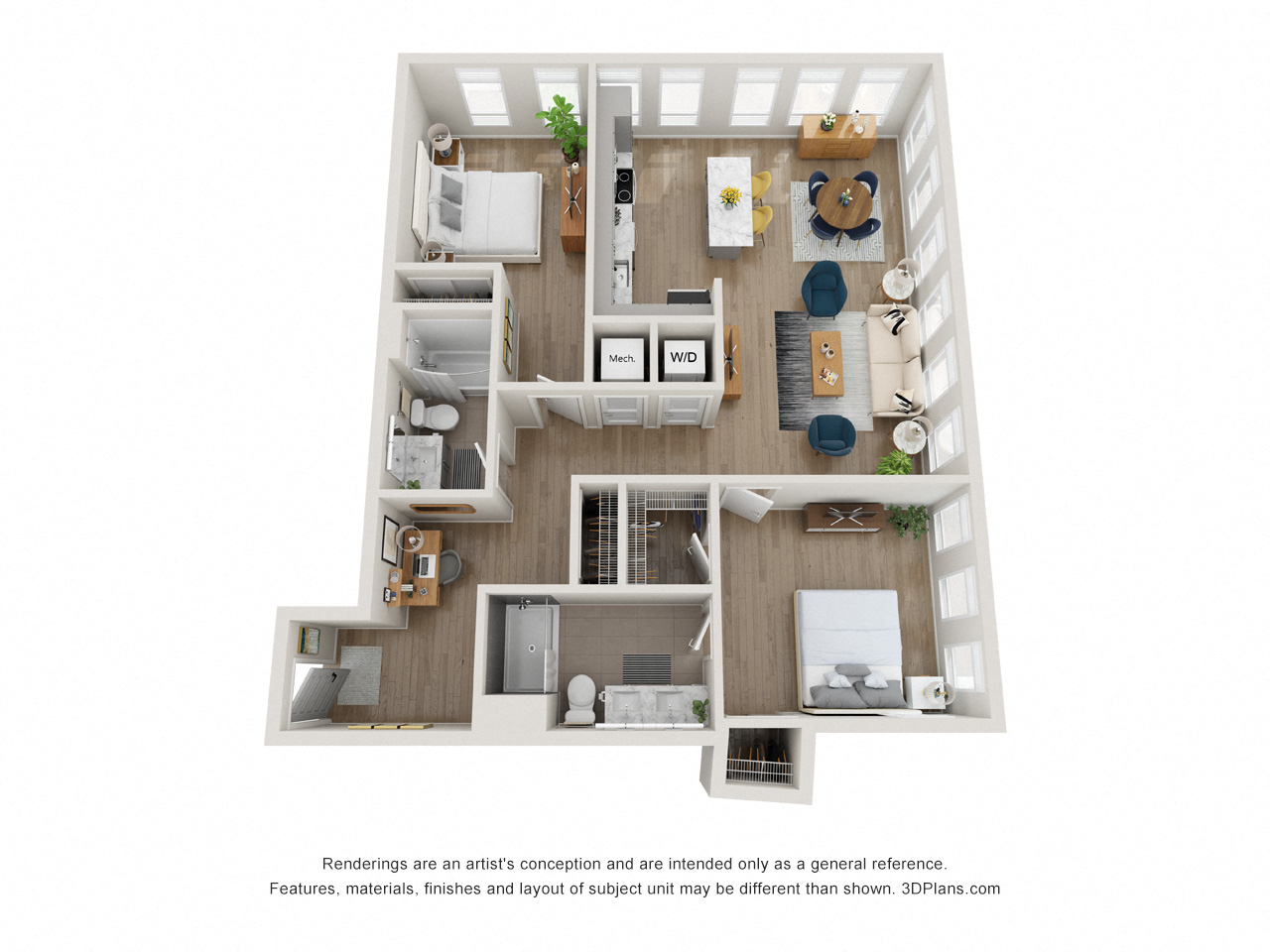 Floor plan for 2 beds, 2 baths, 1186 sqft